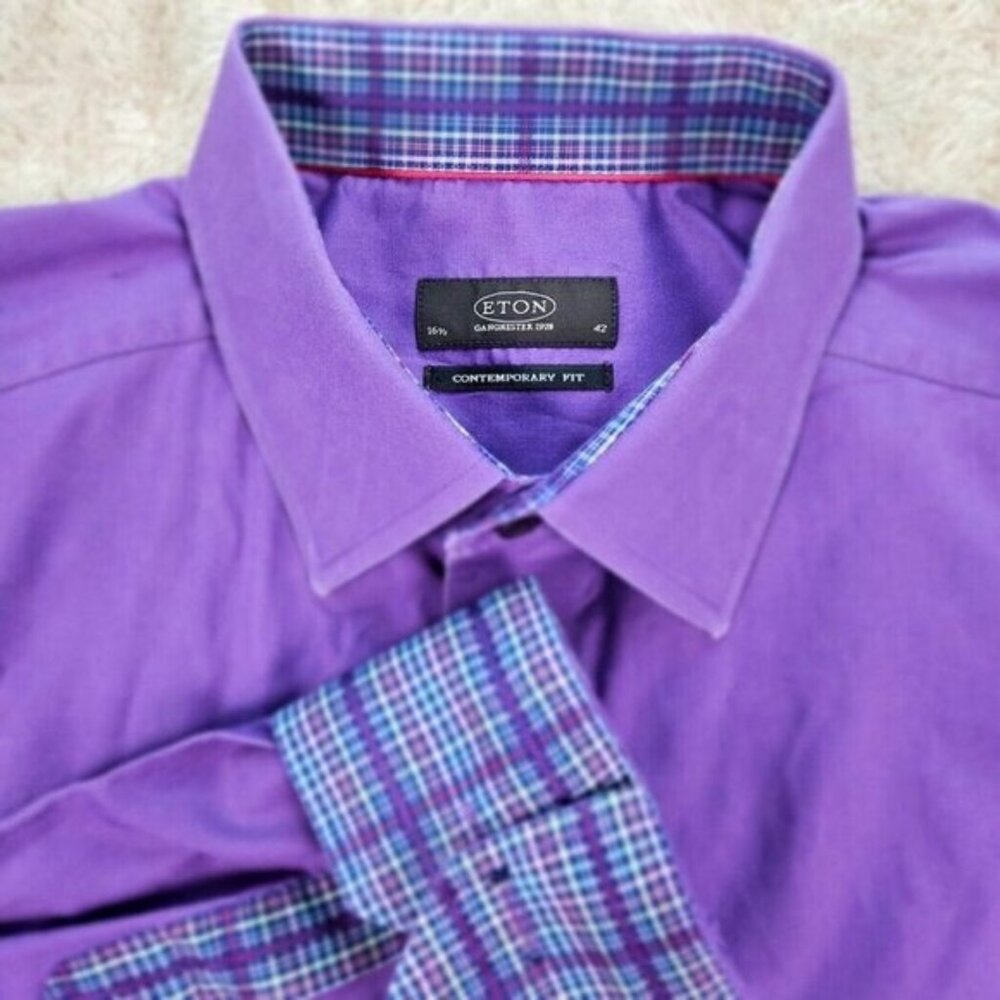 Eton Dress Shirt Contrasting Colourful Buttons Flip Cuff Purple Sz 16.5-42 FLAWS